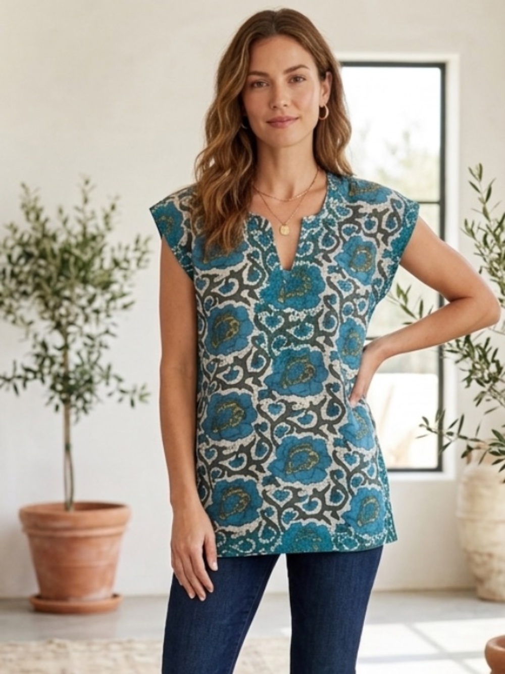 Anthro Roberta Roller Rabbit Oversized Embroidered Sleeveless Tunic Print Top XS